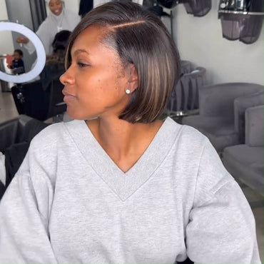 Short Brown Highlight Bob Wig – Side Part, Straight, Glueless Lace Front Human Hair, Pre-Plucked - Majesty Wig