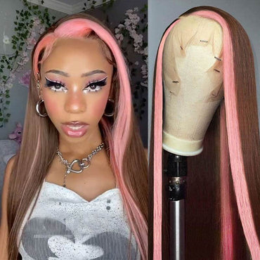 Skunk Stripe Lace Front Wig – Chocolate Brown with Pink Streaks | 13x4 HD Straight Human Hair Wig - Majesty Wig