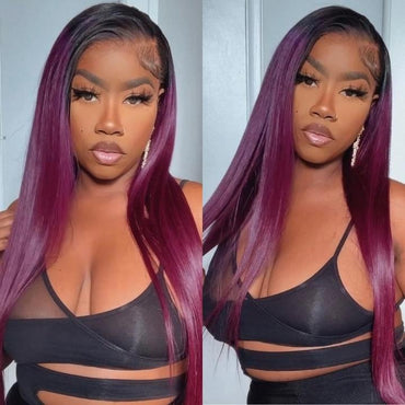 Smokey Deep Purple Lace Front Wig – Ombre Straight Human Hair with Black Roots