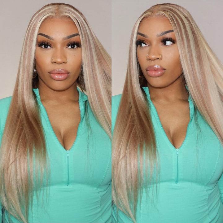 Straight Ash Blonde Balayage Wig – HD Lace Front Human Hair with Highlights - Majesty Wig