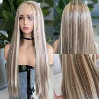 Straight Ash Blonde Balayage Wig – HD Lace Front Human Hair with Highlights - Majesty Wig
