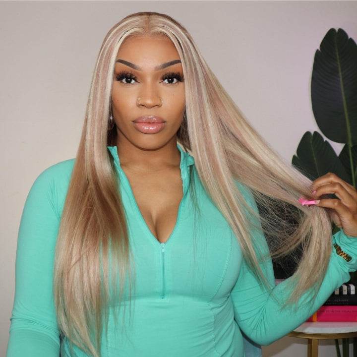 Straight Ash Blonde Balayage Wig – HD Lace Front Human Hair with Highlights - Majesty Wig