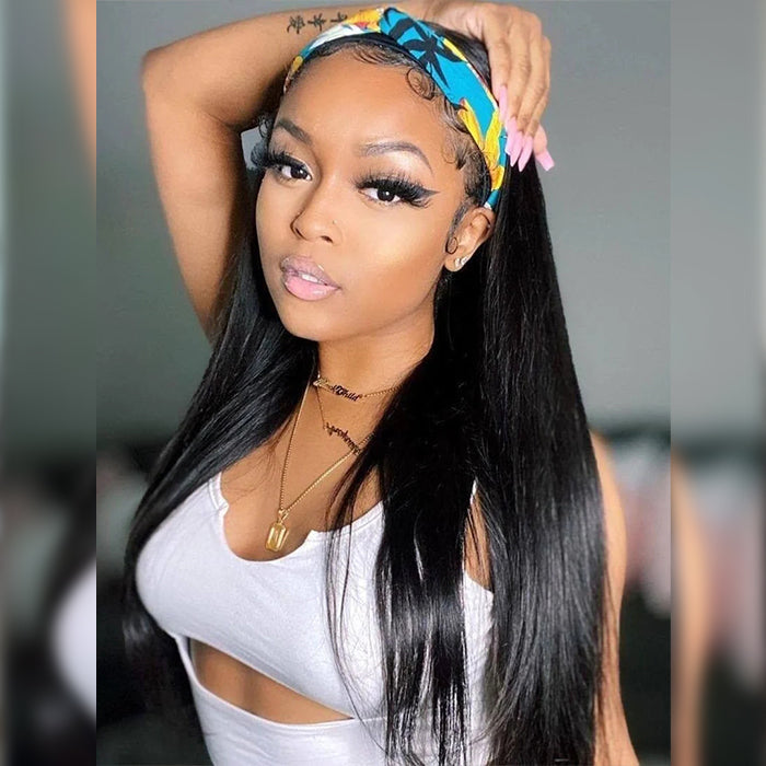 Straight Headband Wig – 100% Human Hair, Glueless No Gel Wig with Silk Scarf for Women

