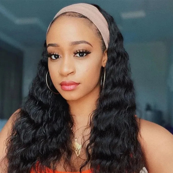 Water Wave Headband Wig – 100% Human Hair Natural Wave Glueless Half Wig for Women